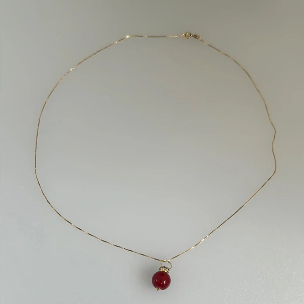 14k real solid Gold Necklace with Red coral Pendant